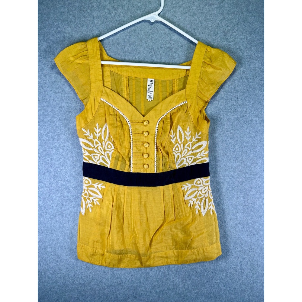 Floreat Anthropologie Yellow Embroidered Boho Blouse Square Neck Size 2